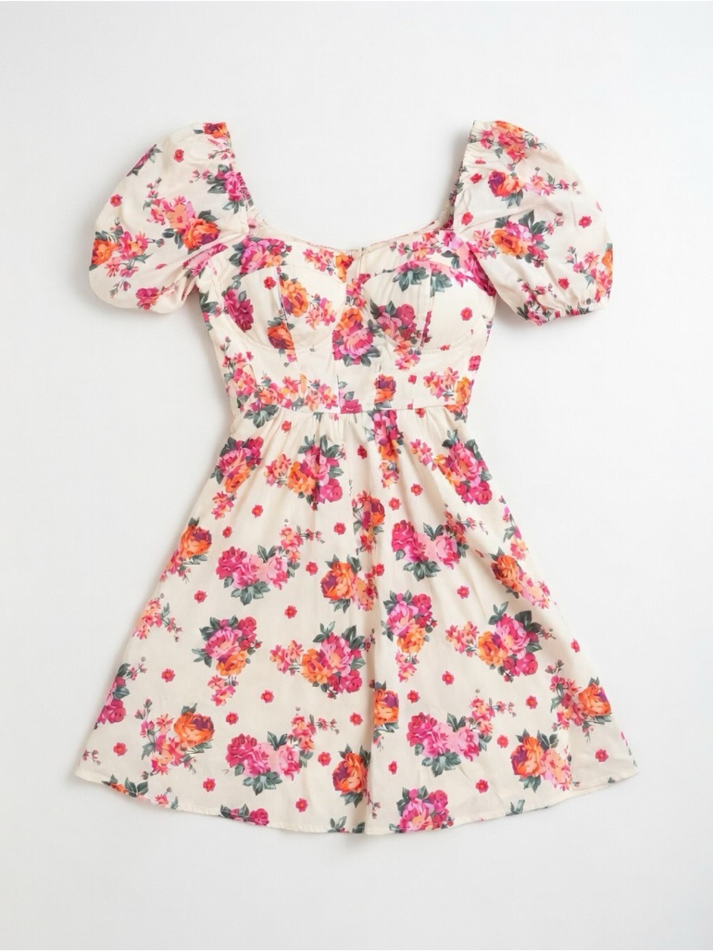 Floral Puff-Sleeve Mini Dress in Cream with Pink & Orange Blooms